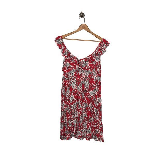 American Eagle Large L Red Floral Viscose‎ Flutter Sleeve Tie Front Mini Dress - Picture 2 of 5